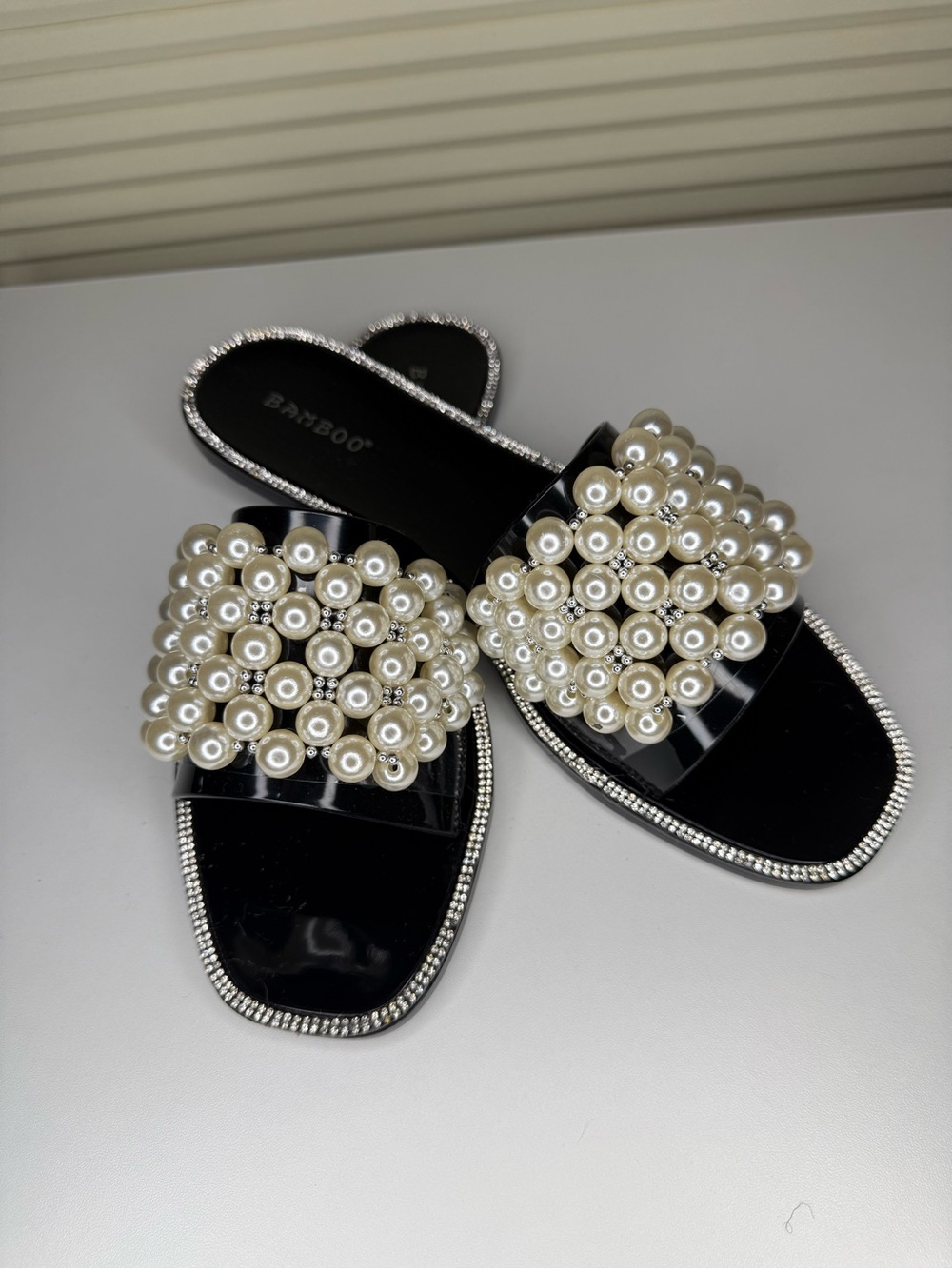 BAMBOO Black Pearl-Embellished Slide Mules